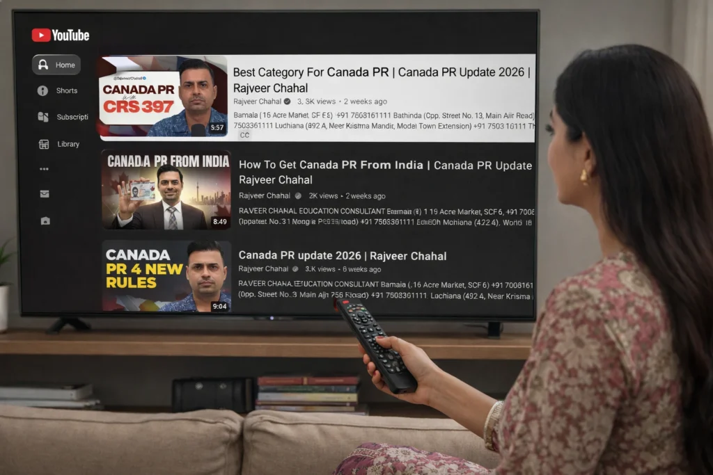 Female exploring Rajveer Chahal YouTube Channel for Canada PR Programs