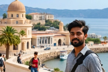 Indian student studying in Cyprus standing in front of a historic Cyprus building - RCEC