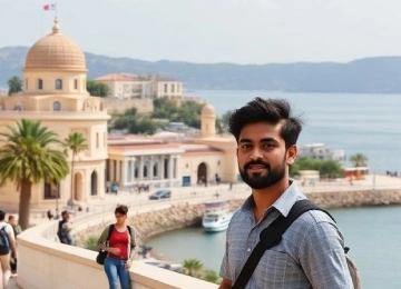 Indian student studying in Cyprus standing in front of a historic Cyprus building - RCEC