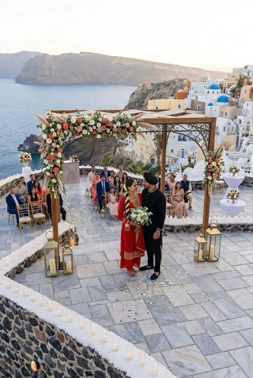 Couple on Visitor Visa for Destination Wedding, OIA, Santorini, Greece