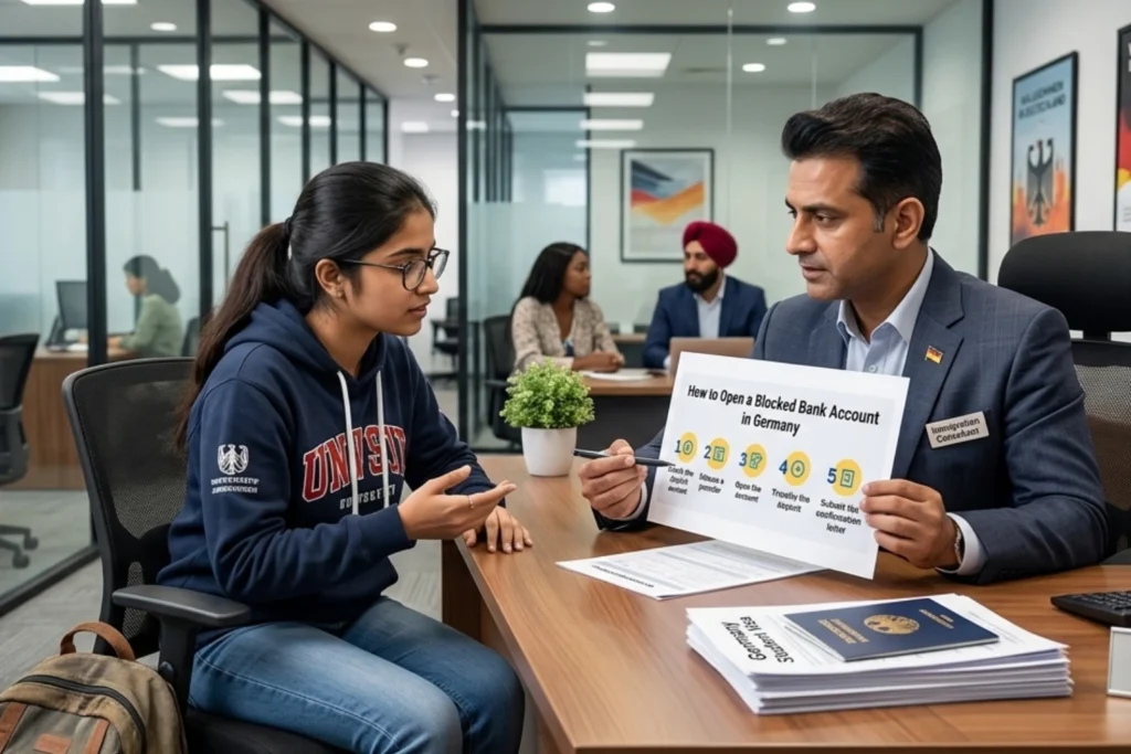 Immigration consultant telling a student how to open a blocked account in Germany for study visa