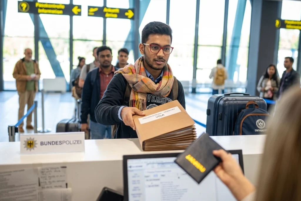 Indian Student on Germany Study Visa Handing Over Travel Document To Immigration Officer