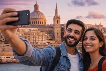 Two Indian international students in Malta on Malta study visa near famous sea arch - RCEC