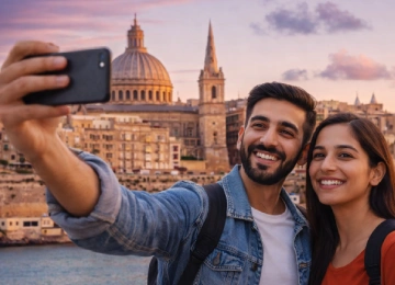 Couple on Malta study visa clicking selfie near a famous Malta attraction - RCEC
