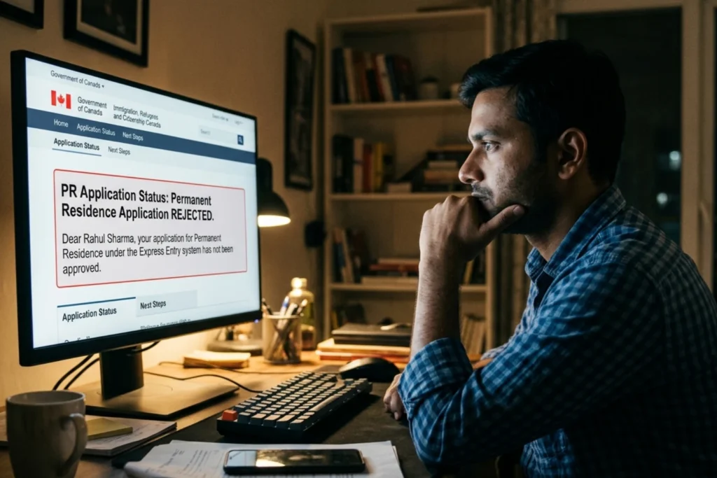 Man looking at desktop checking Canada PR Rejection