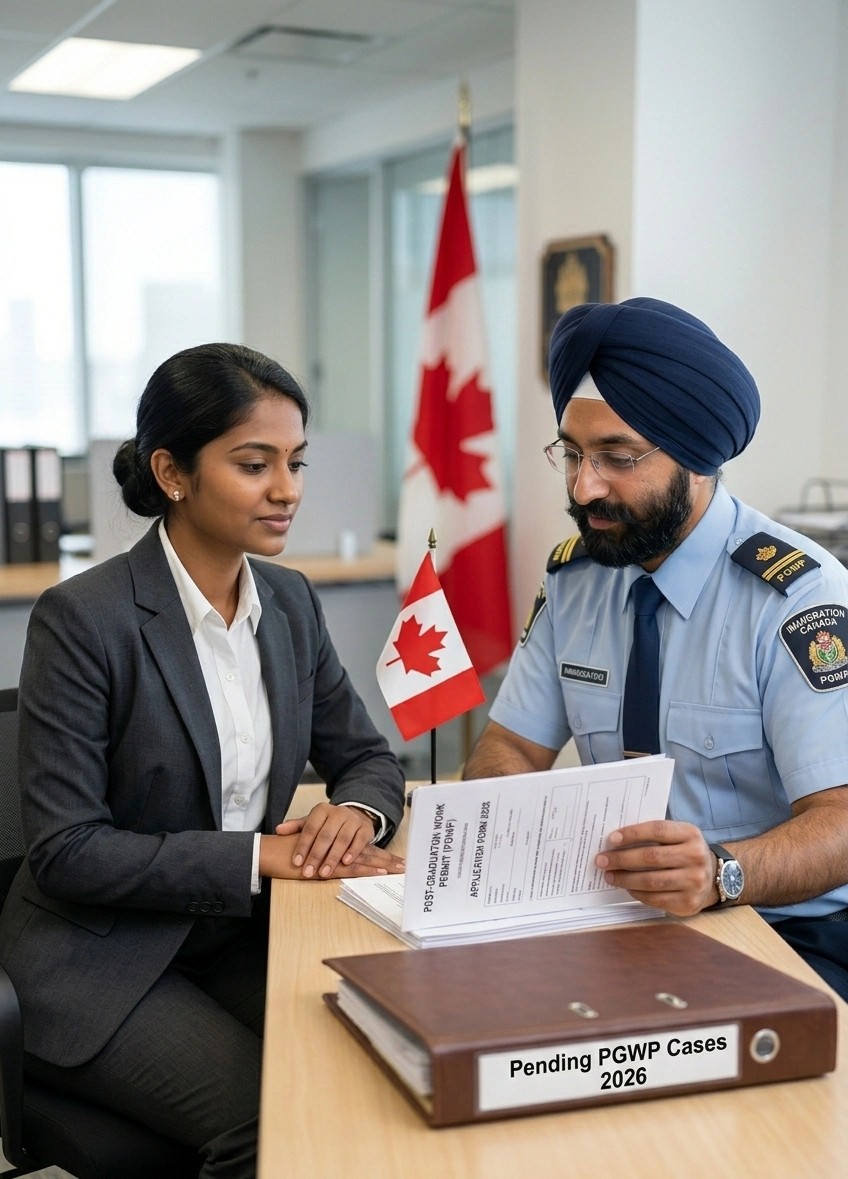 Indian student presenting Post-Graduation Work Permit (PGWP) documents to Canadian immigration officer - RCEC