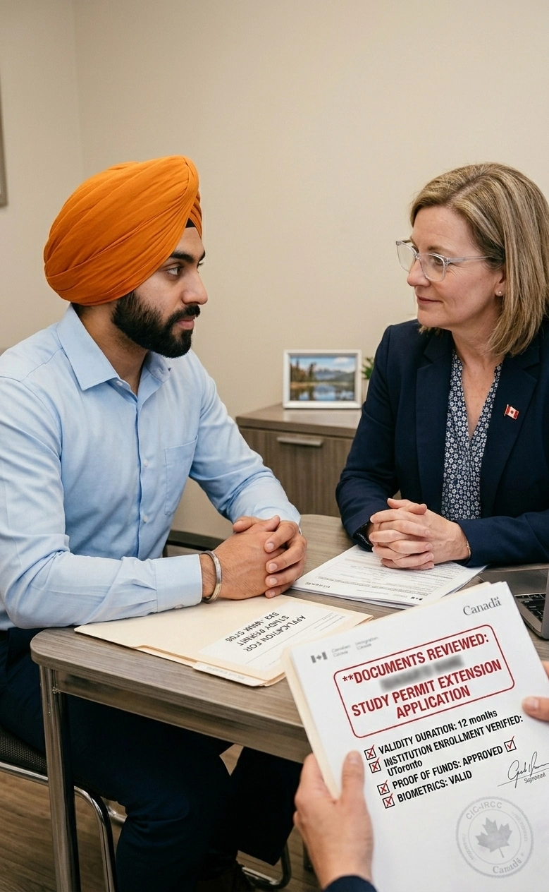 Indian student explaining study visa extension request to Canada immigration officer - RCEC