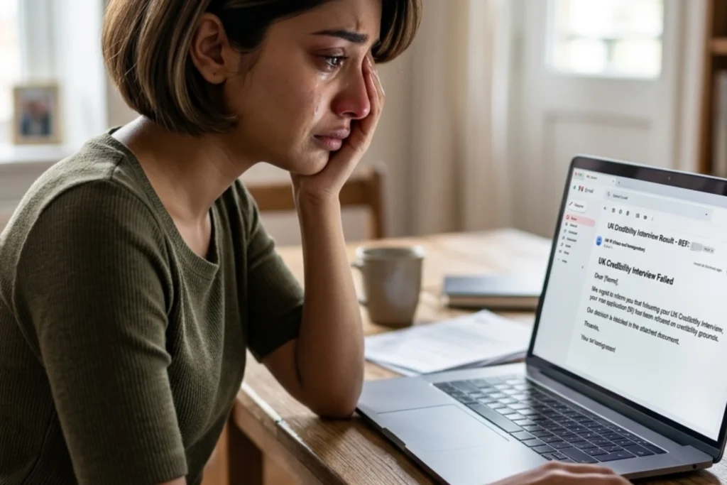 Girl checking her UK Credibility Interview Failed email