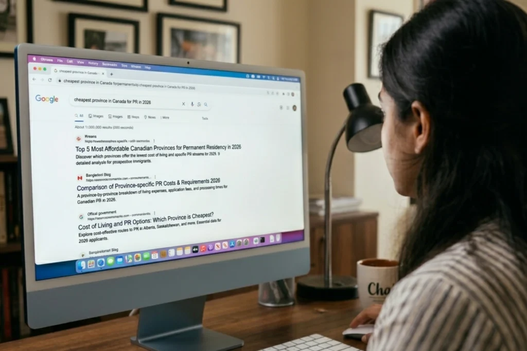 Girl checking internet for Cheapest Province in Canada for PR