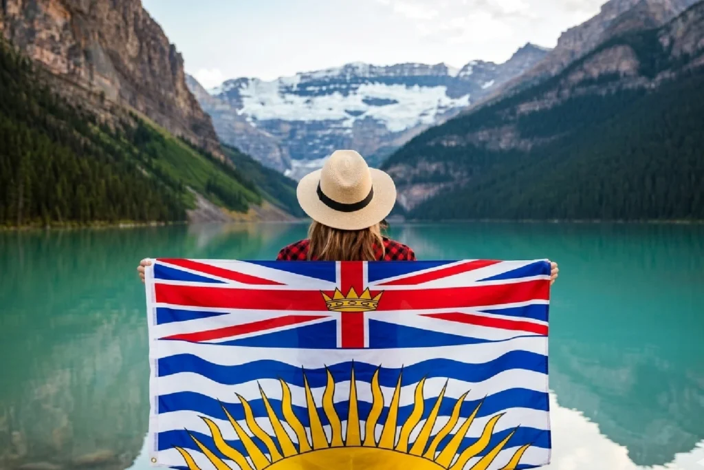 Girl on Canada Tourist Visa holding BC Canada Flag