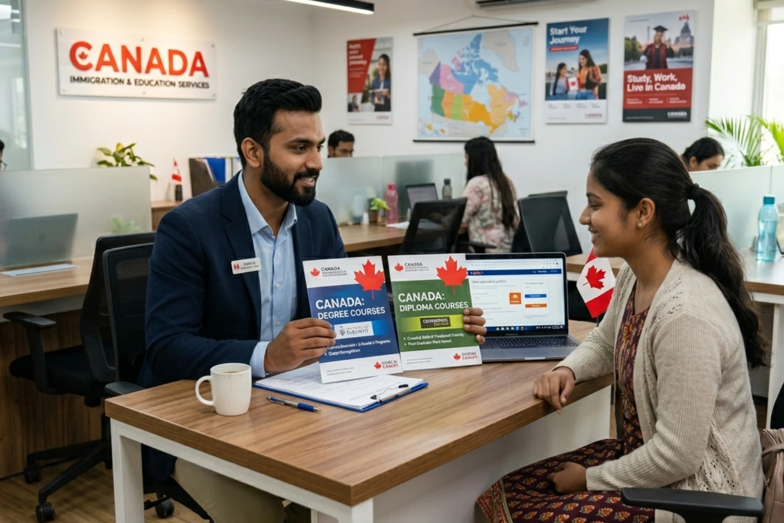 Immigration agent explaining Indian student seeking Canada Study visa - Degree vs Diploma