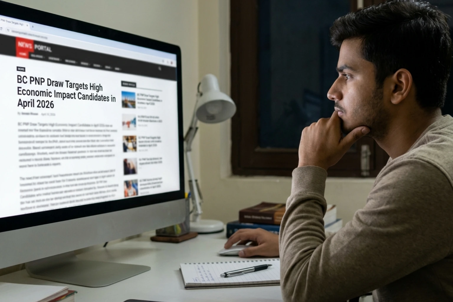 Indian student reading article on BC PNP Draw 2026 Targets High Impact Candidates