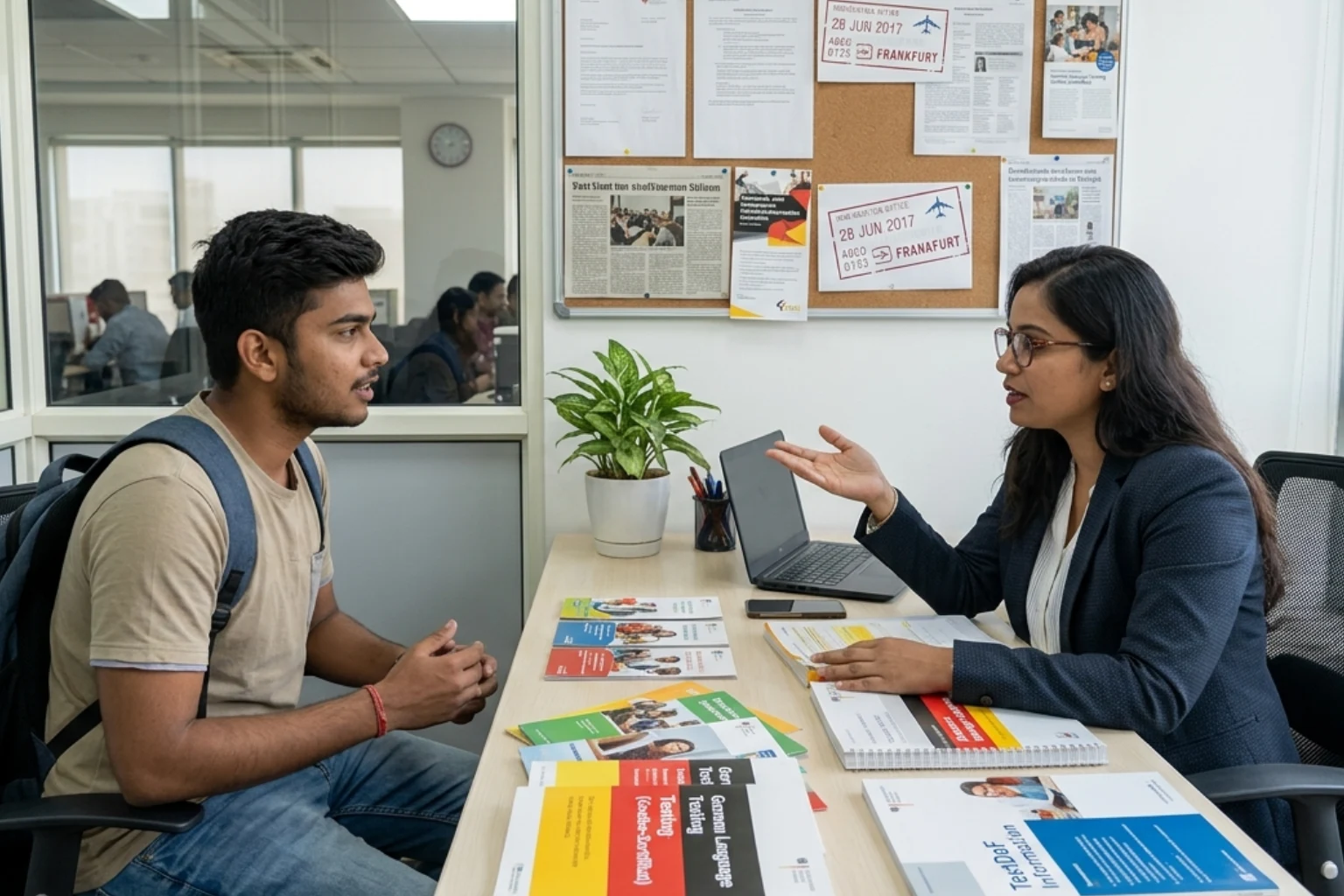 Indian student talking to a German language expert about What Happens If You Fail German Language Requirement
