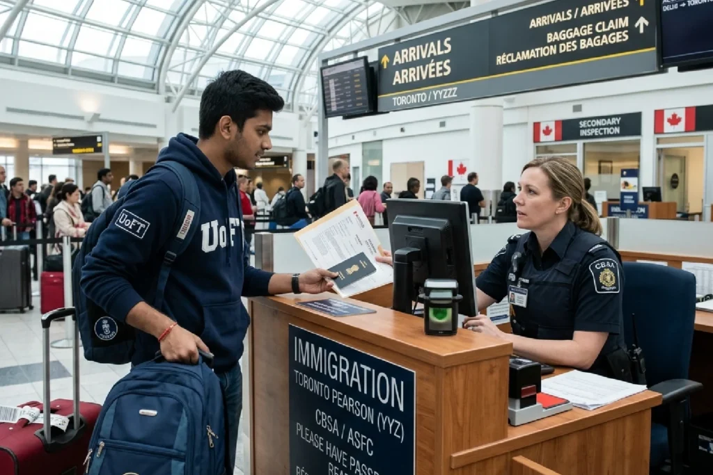 Indian student telling immigration officer why he is arriving after course start