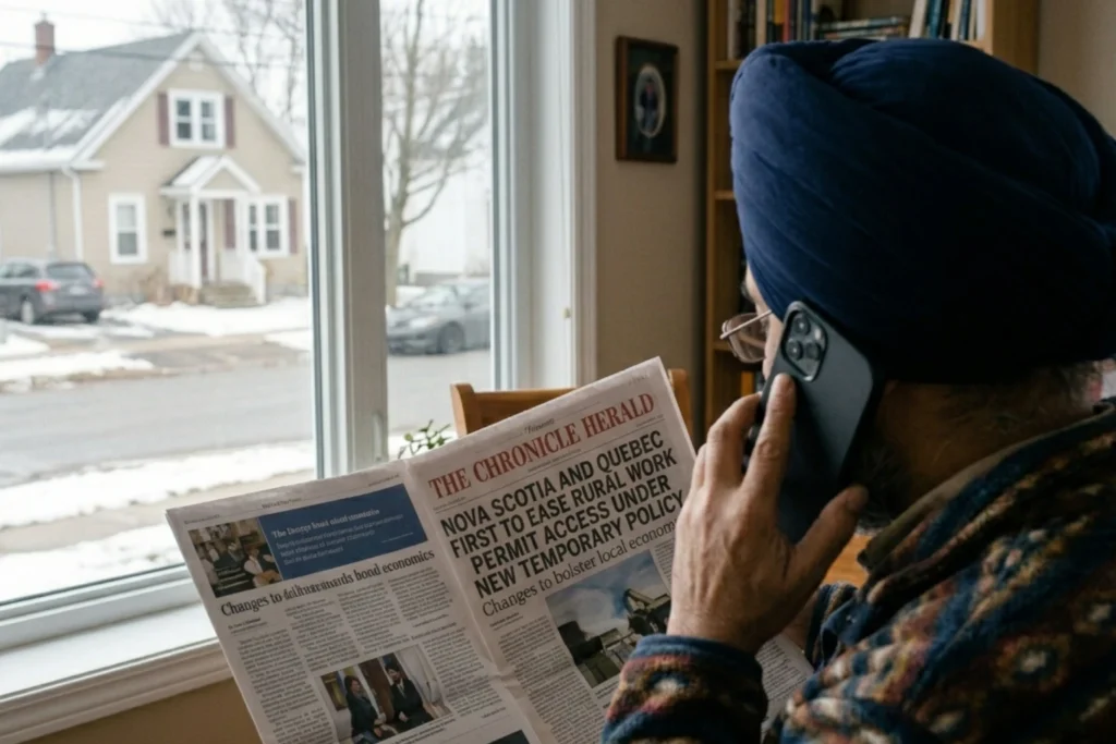 Man checking newspaper article on Nova Scotia & Quebec Ease Hiring for Foreign Workers