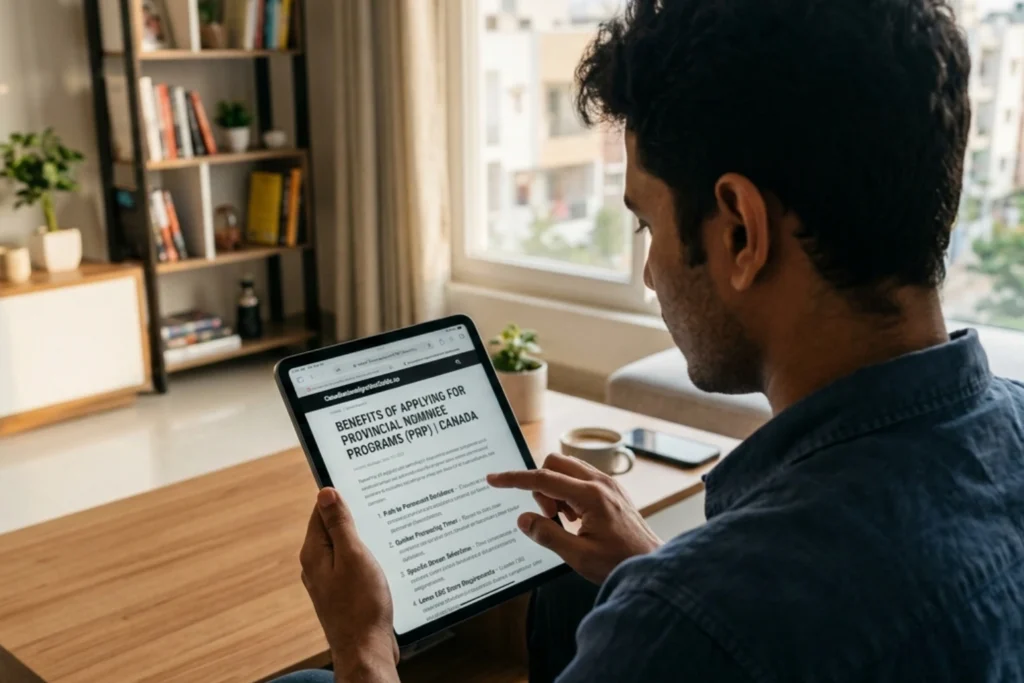 Man reading article about Provincial Nomination CRS Boost_ 600 Points