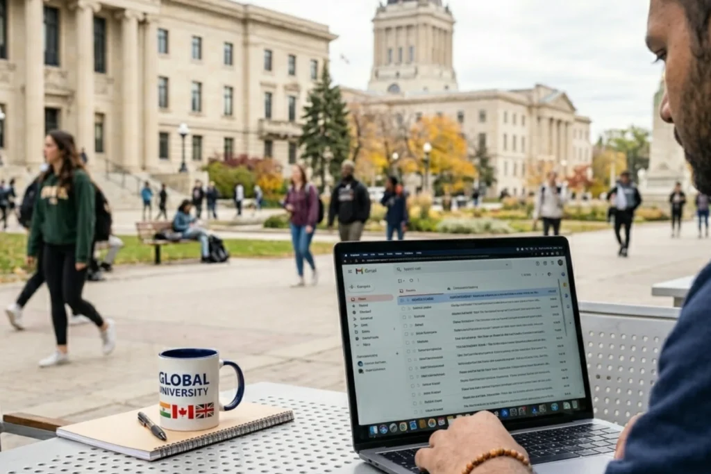 Indian student on Canada study visa reading email about college closing