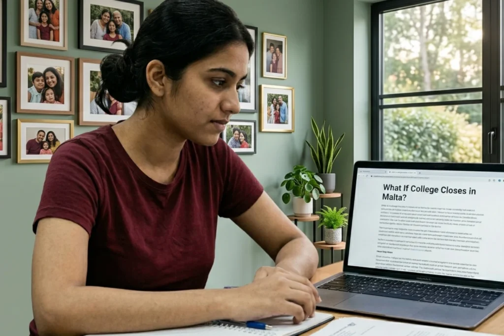 girl reading article on laptop about what is college closes in Malta