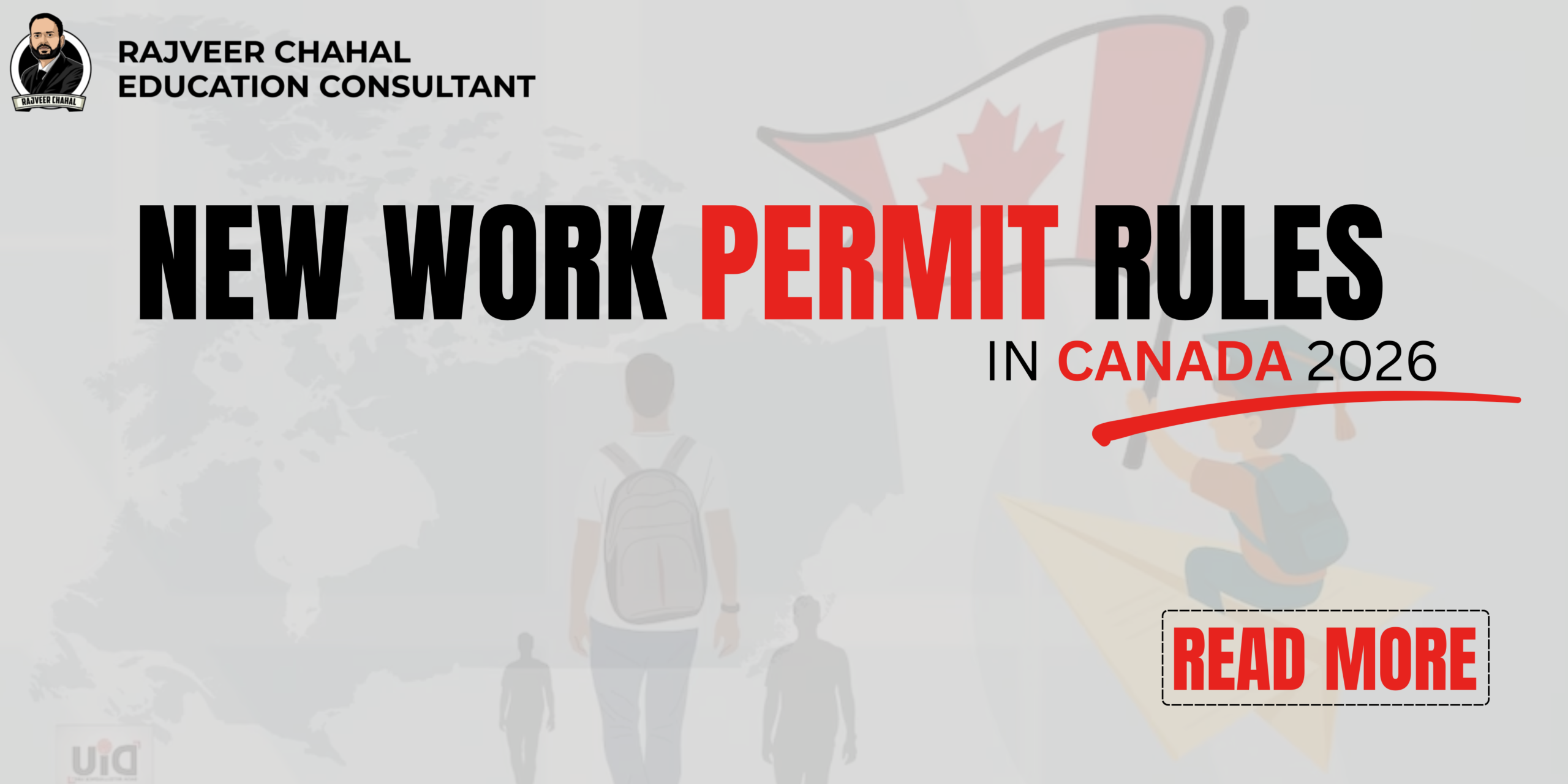 New Work Permit Rules in Canada 2026” with Canadian flag, skyline, and Rajveer Chahal logo on dark blue background.