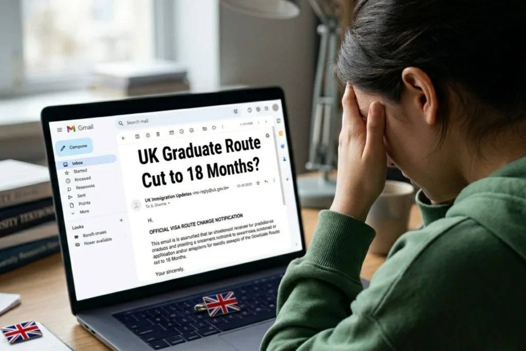 Indian student reading an email about UK Graduate Route Changing to 18 Months