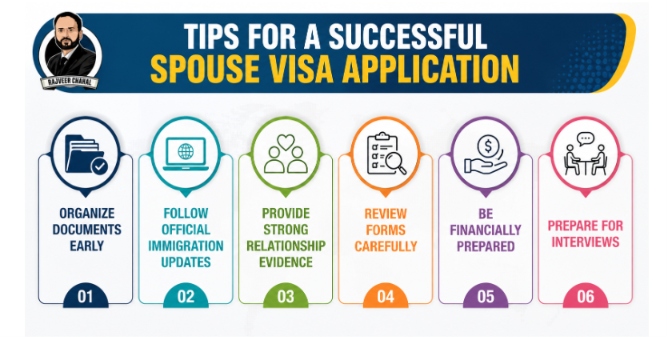 Infographic showing spouse visa application tips including documents, updates, finances, and interviews.
