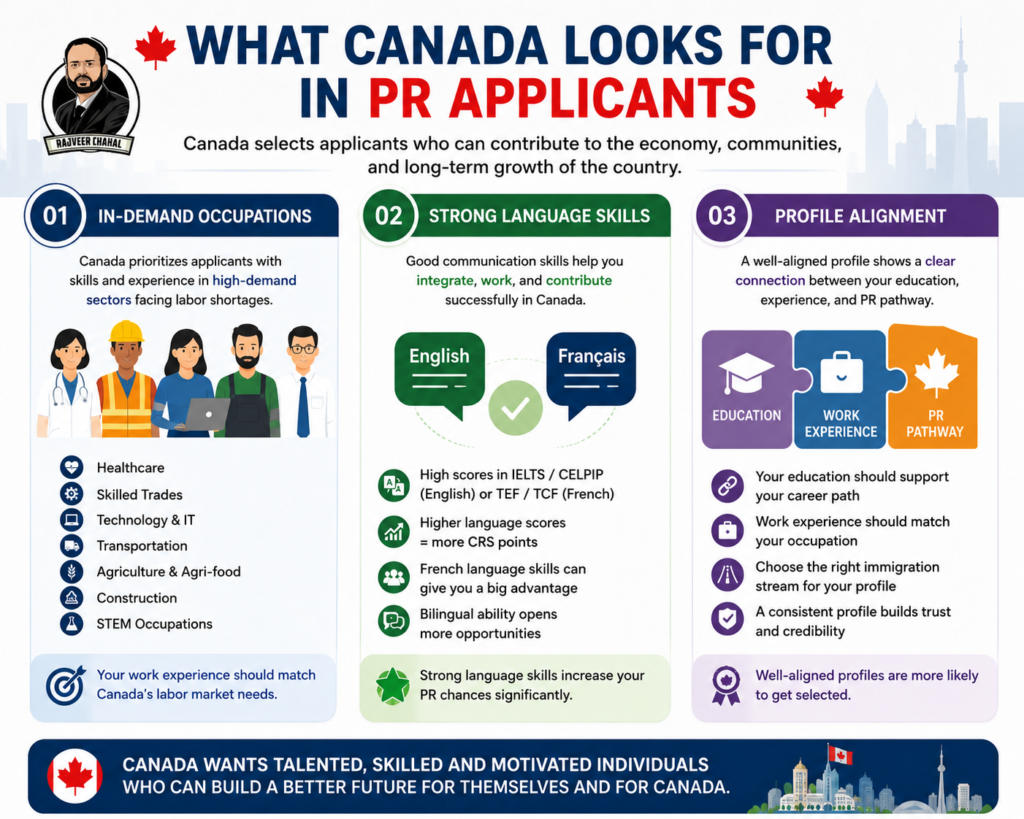 Canada PR 2026 requirements infographic showing skills, language, profile, Canada PR chances, Express Entry 2026