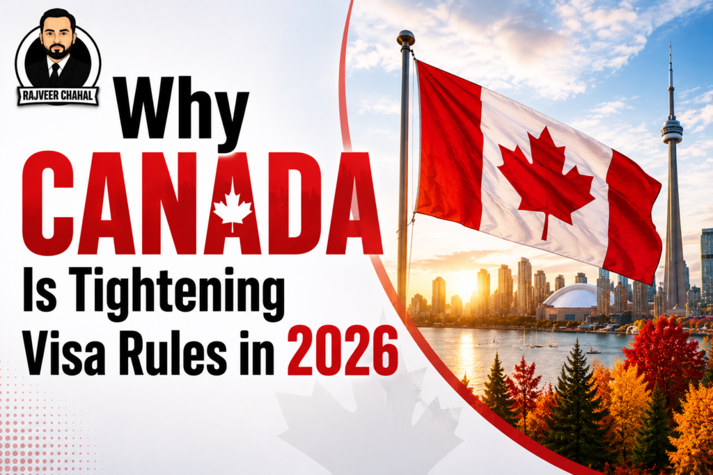 Alt Text: Canada visa rules 2026 cover image with Canadian flag, skyline, and passport
