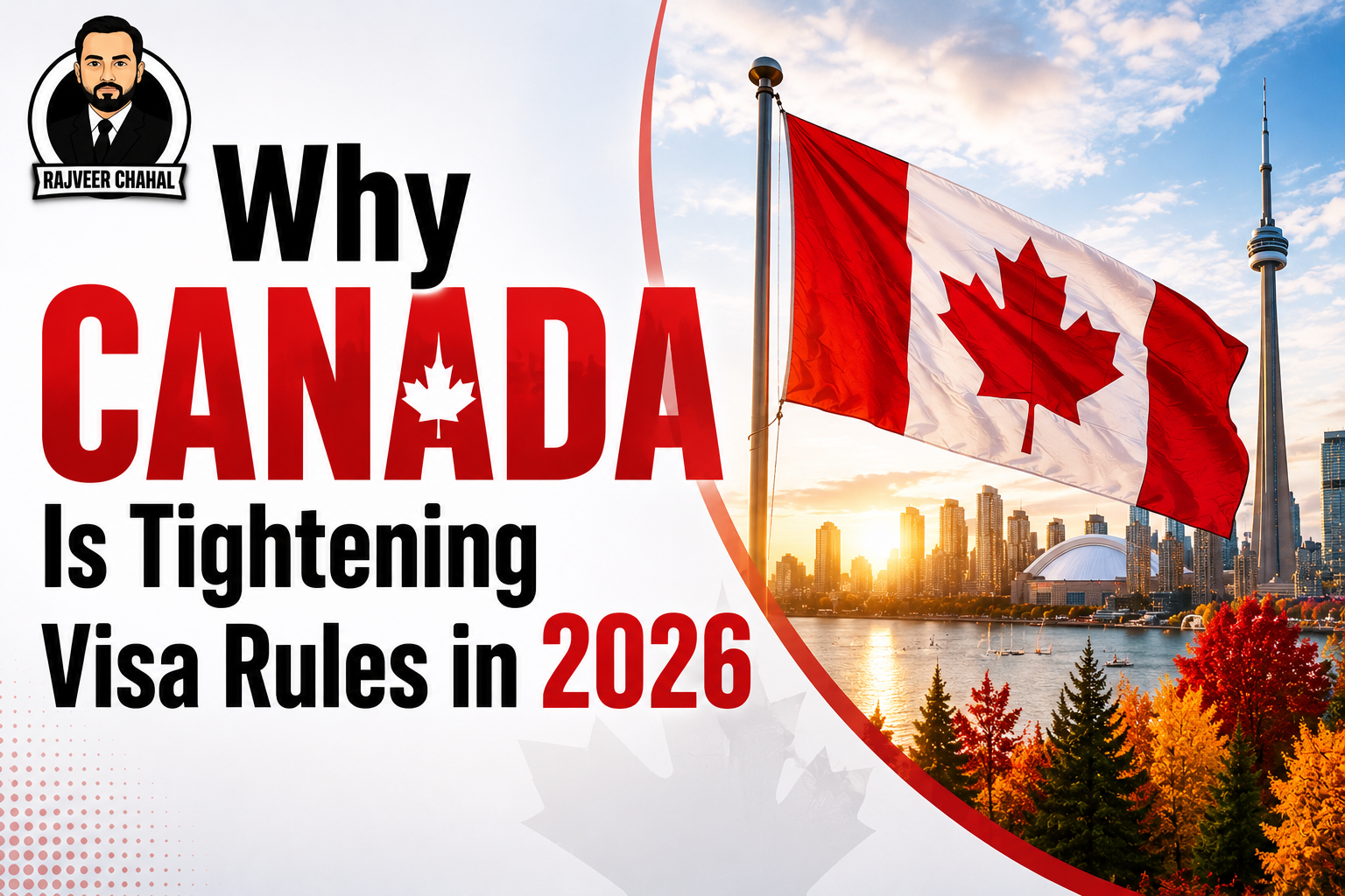 Alt Text: Canada visa rules 2026 cover image with Canadian flag, skyline, and passport