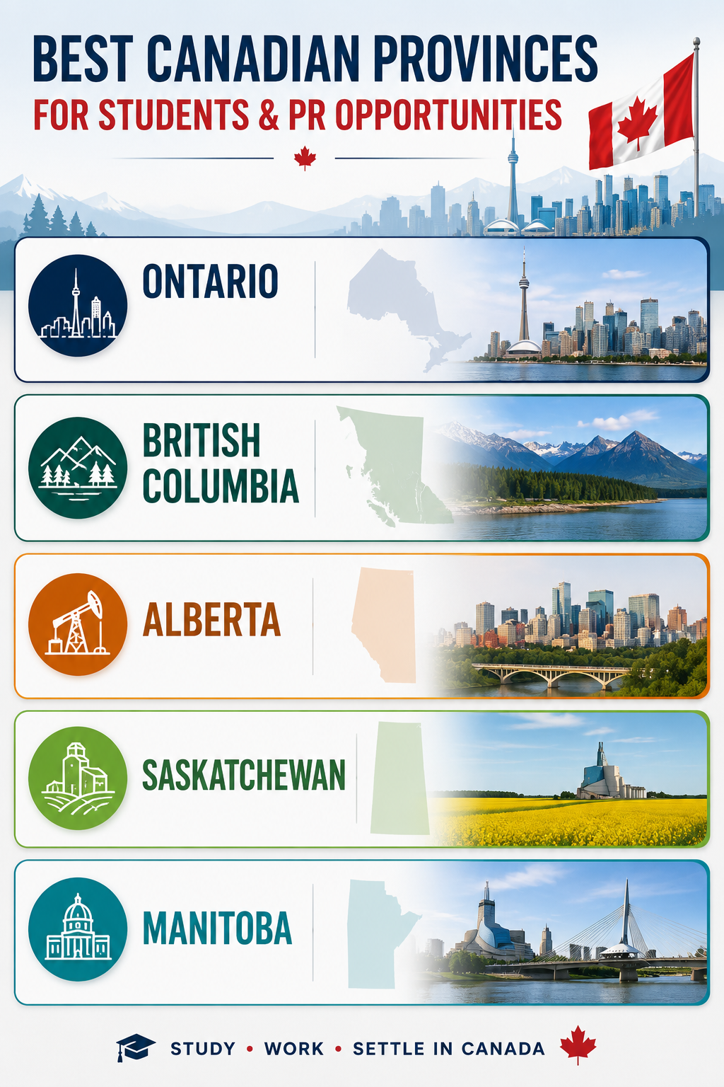  Infographic highlighting the best Canadian provinces for PR in 2026, including Ontario, British Columbia, Alberta, Saskatchewan, and Manitoba 
