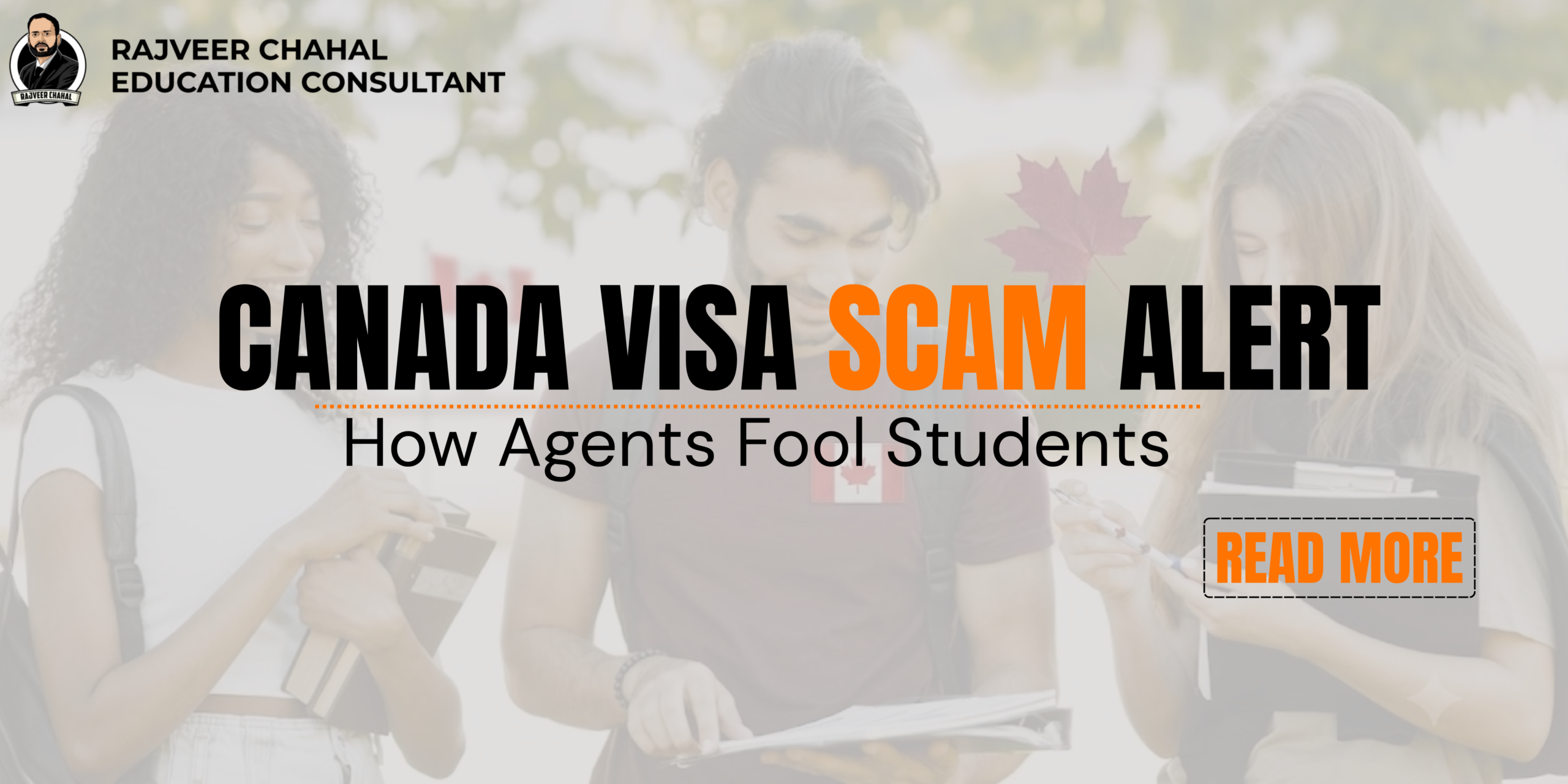 Canada Visa Scam Alert showing student, fake agent warning signs, and study visa fraud awareness.